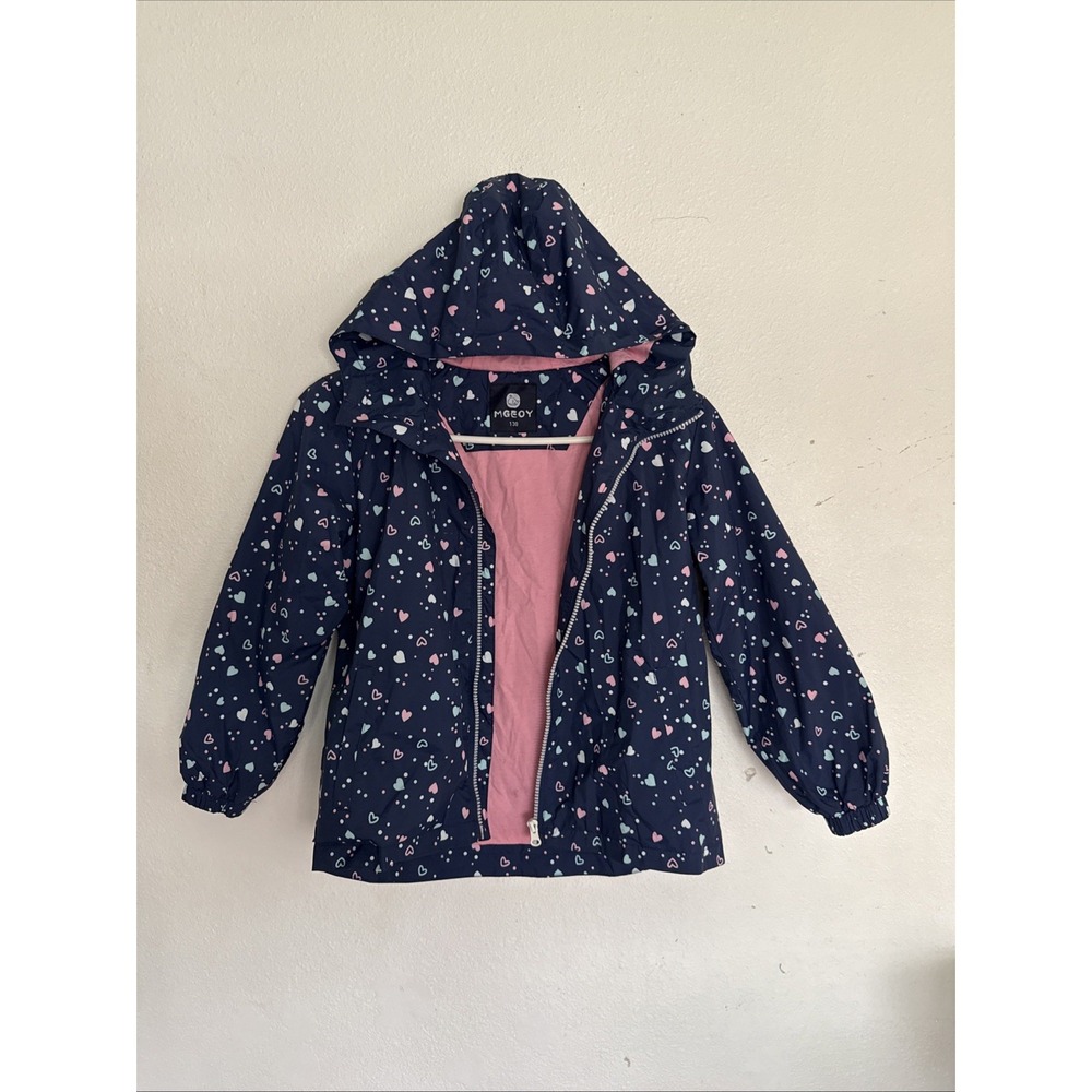 MGEOY Girls Lightweight Waterproof Hooded Rain Jacket Navy Hearts Sz 7-8 - Picture 1 of 7